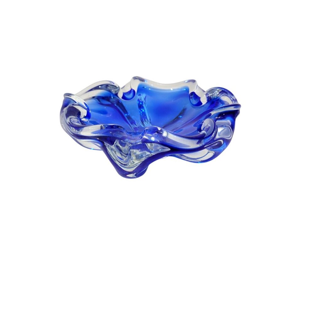 Bohemian Art Glass Ashtray Bowl Mid-Century Modern MCM Blue Glass - Picture 4 of 5